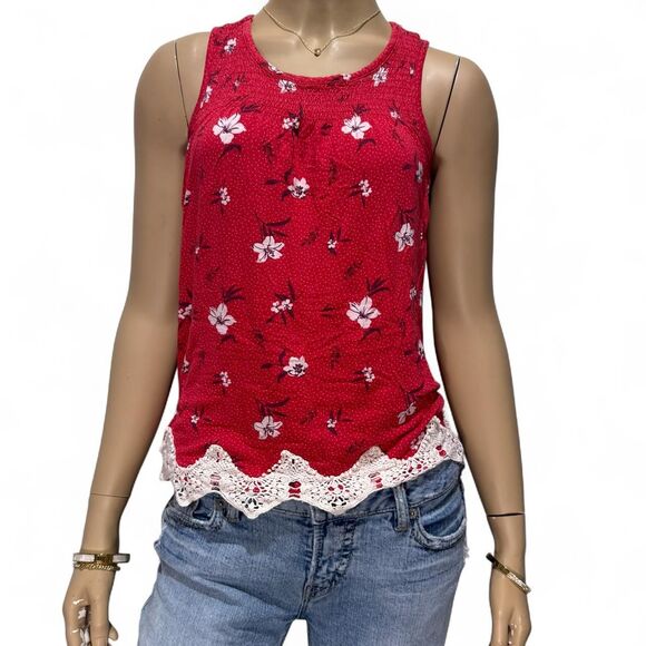 Rewind Tops - Rewind Red Floral Smocked Babydoll Tank Top Crochet Hem Women’s XS Boho